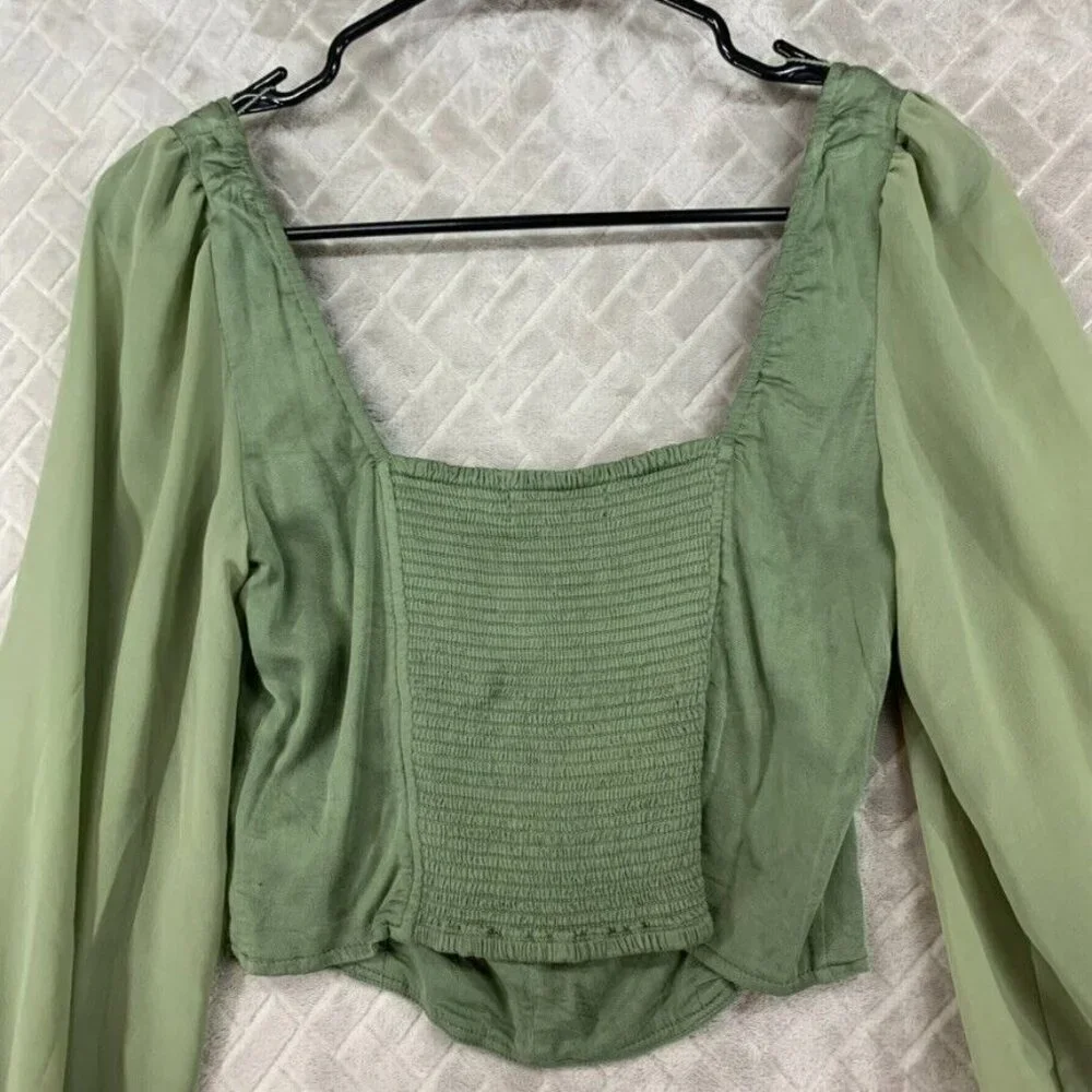 Urban Outfitters Womans Medium Crop Top Green Long Sheer Sleeve Smocked Back - Picture 14 of 16